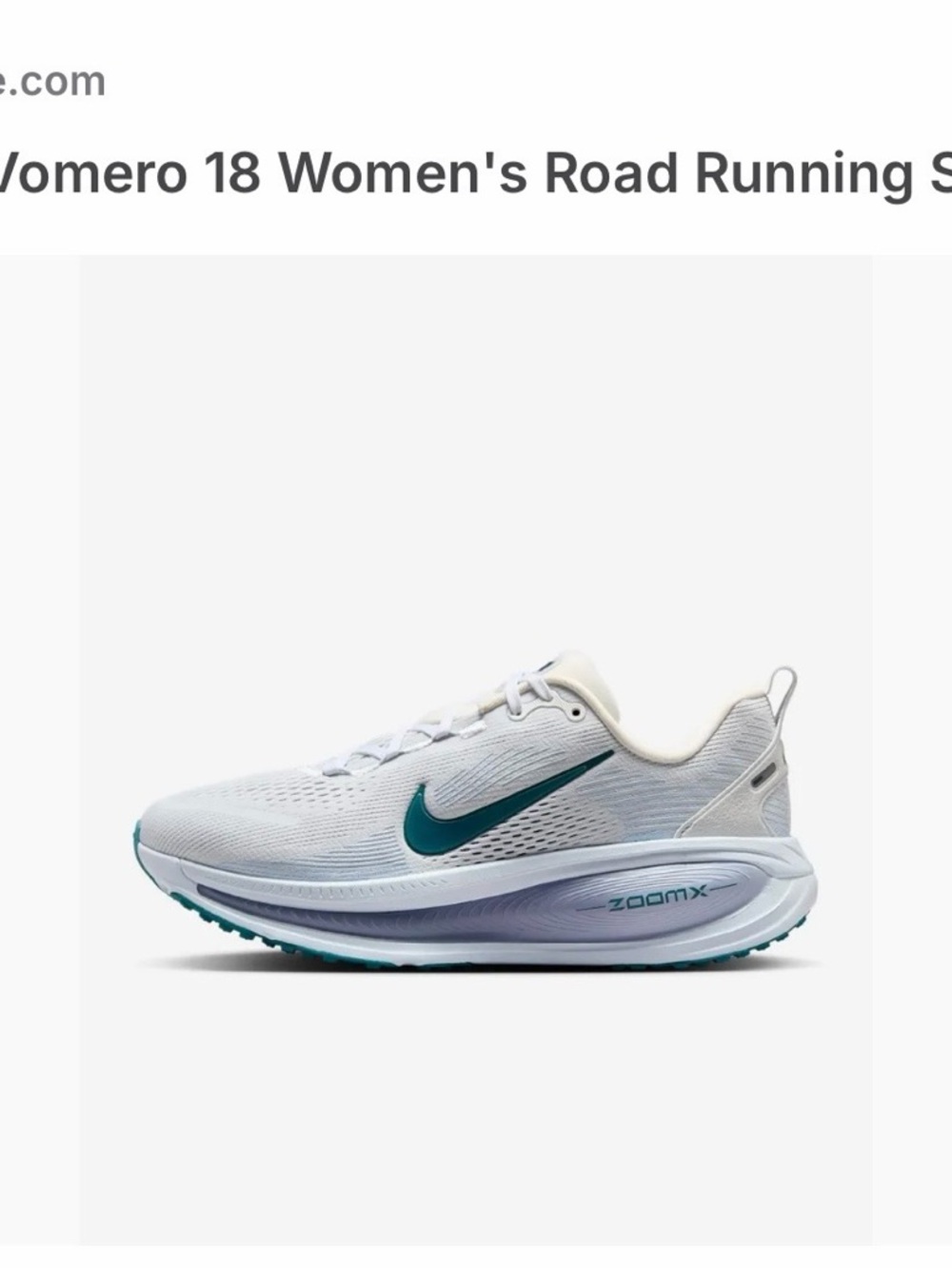 Nike Women's Vomero White Teal ZoomX Road Running Shoe